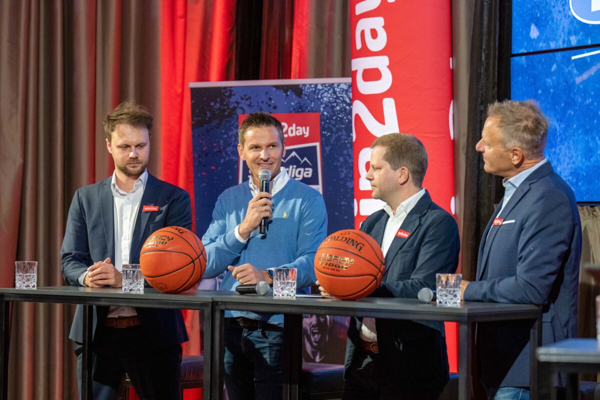 VIENNA,AUSTRIA,26.SEP.22 - BASKETBALL - BSL, Basketball Superliga, season opening press conference. Image shows CEO Johannes Wiesmann (WIN2DAY Basketball Superliga), Tom Berger (LAOLA1), managing director Georg Wawer (win2day) and president Gerald Martens